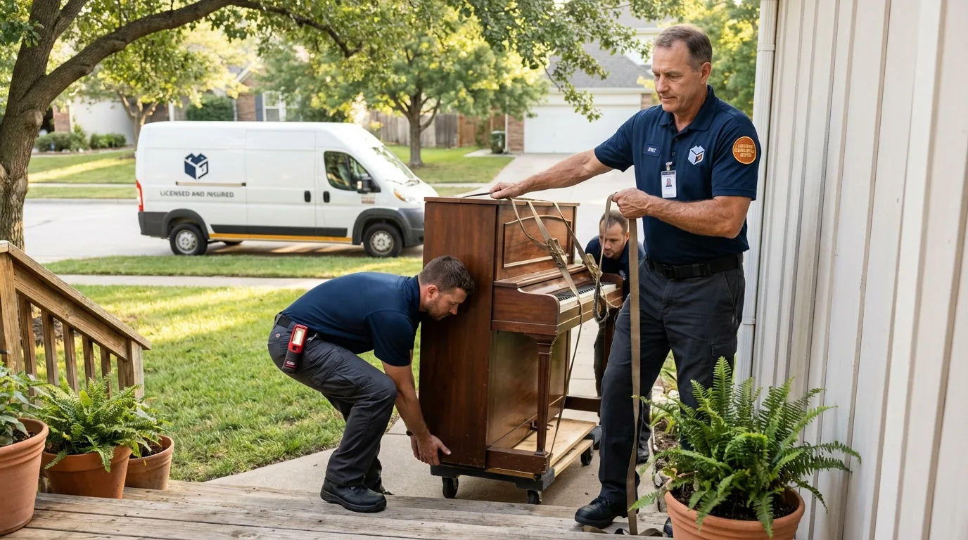 Licensed piano movers securing grand piano in Hempstead, NY