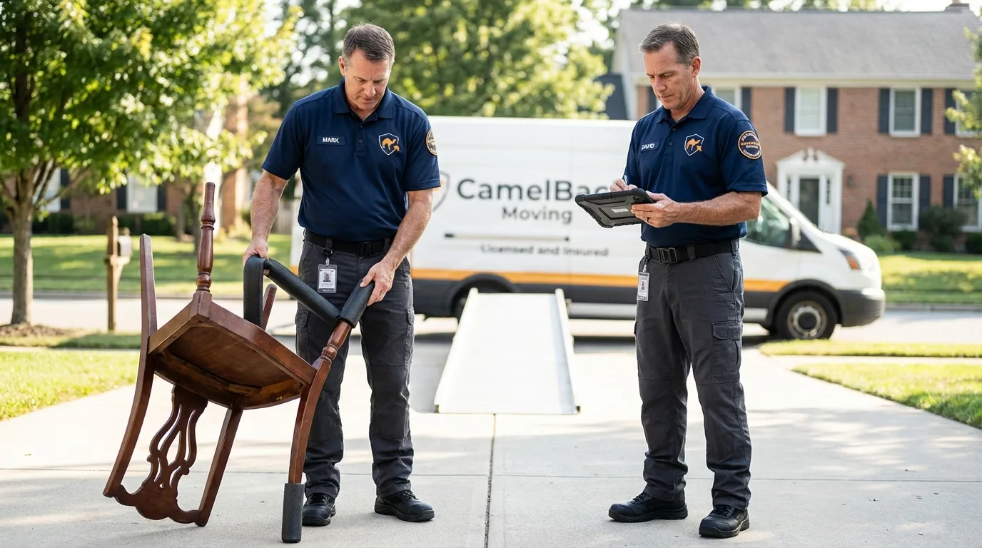 Movers inspecting furniture for damage prevention before loading in Hempstead, NY