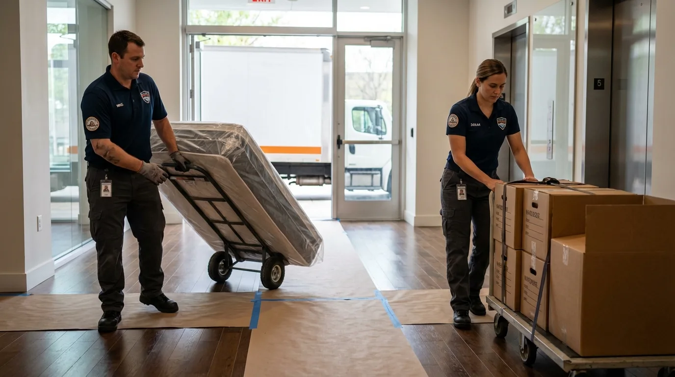 Professional apartment movers loading elevator in Hempstead, NY