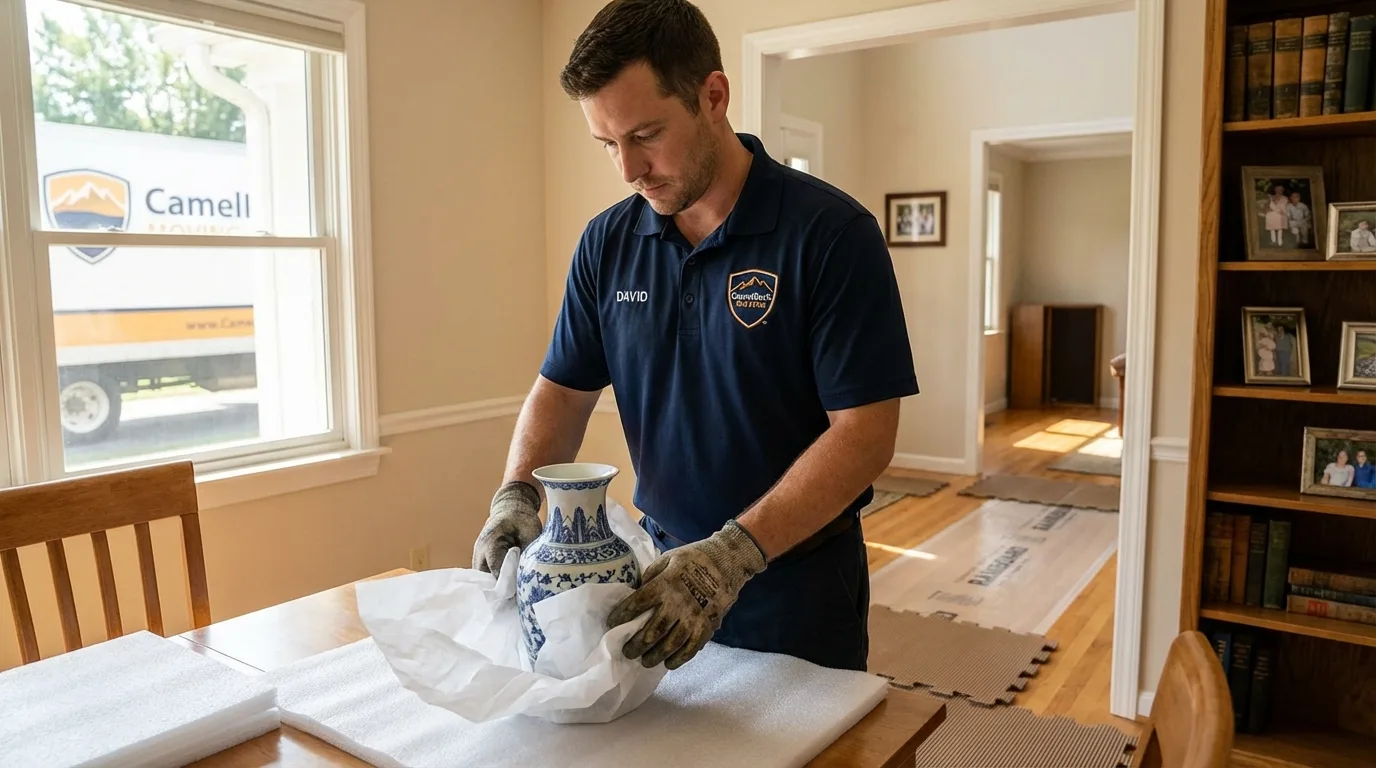 Professional crew carefully wrapping antique vase for senior downsizing move in Hempstead, NY